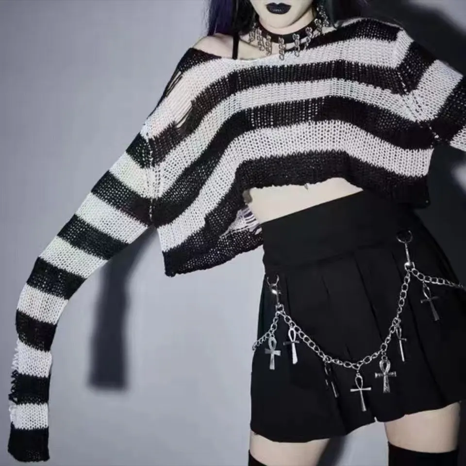 Churchf Churchf Hole Ripped Short Sweater Female Couple Striped Loose Punk Dark Sweater Versatile Knit