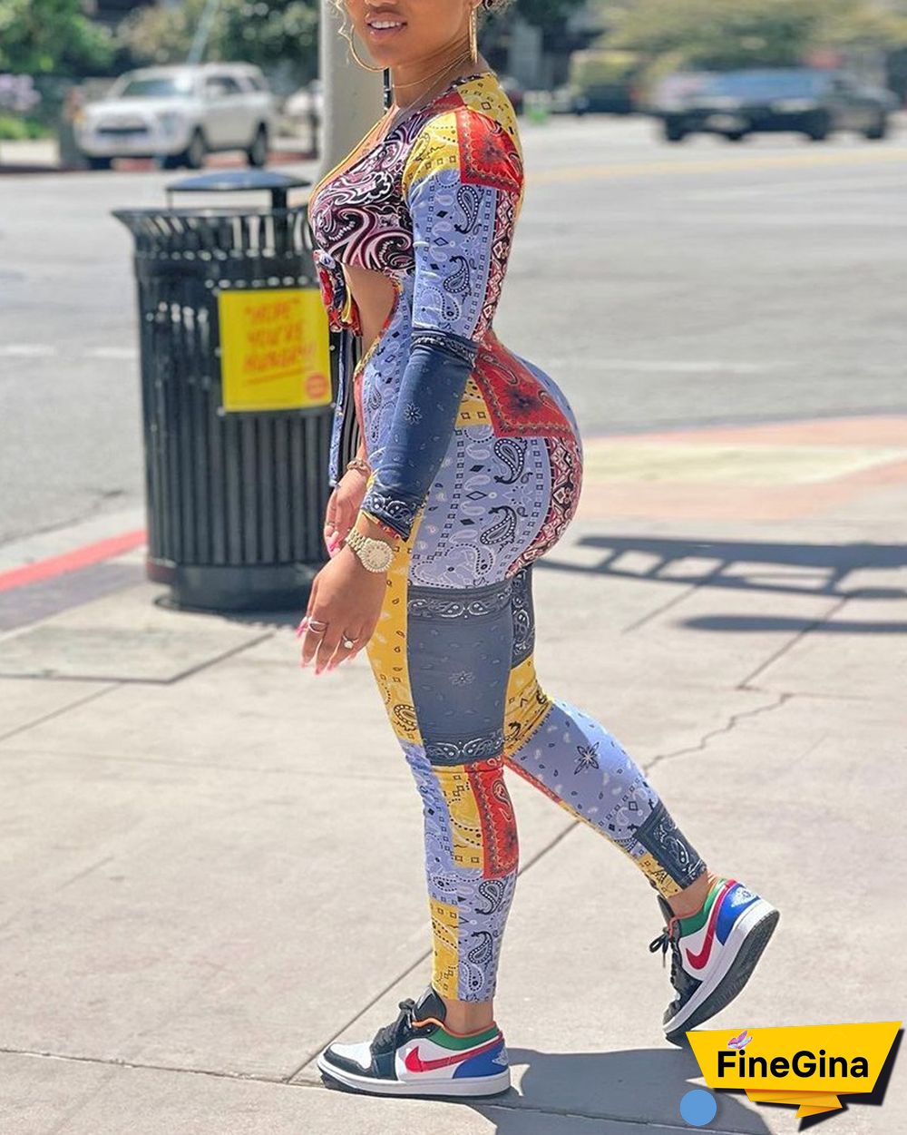 Paisley Print Tie Front Cut-Out Pencil Jumpsuit