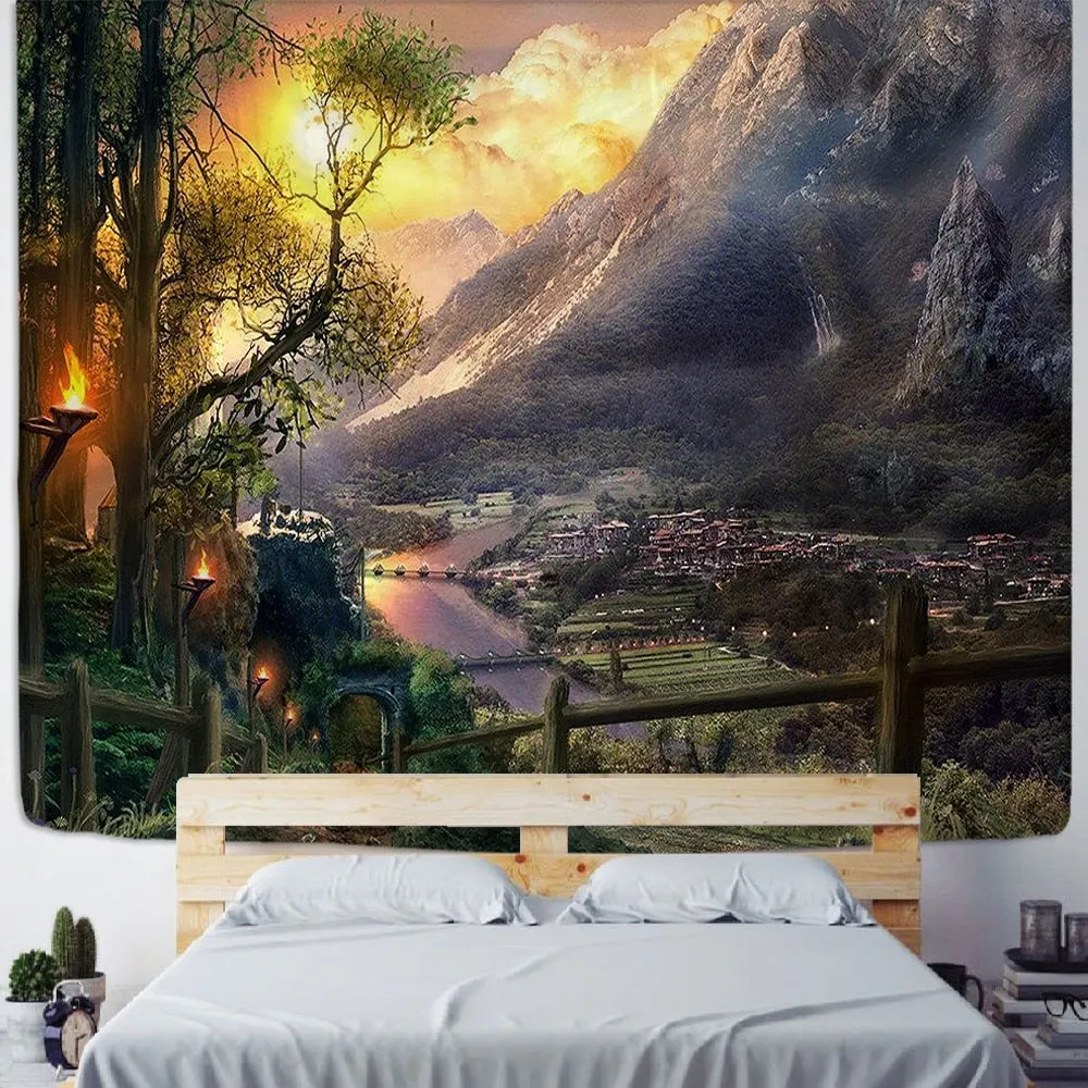 Village Under The Mountain Tapestry Wall Hanging Home Dorm Backdrop Decor Art Tapestry Urban Wall Cloth