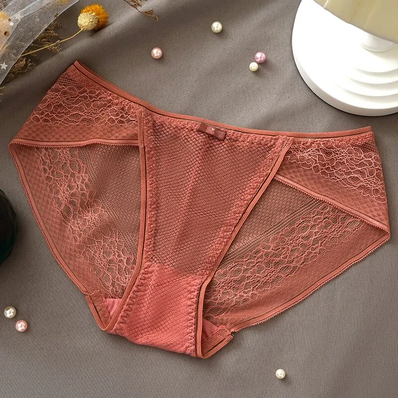 Billionm Women's Sexy Lace Panties Ladies Plus Size Mid-waist Ice Silk Cotton Panties Girly Seamless Transparent Panties Briefs