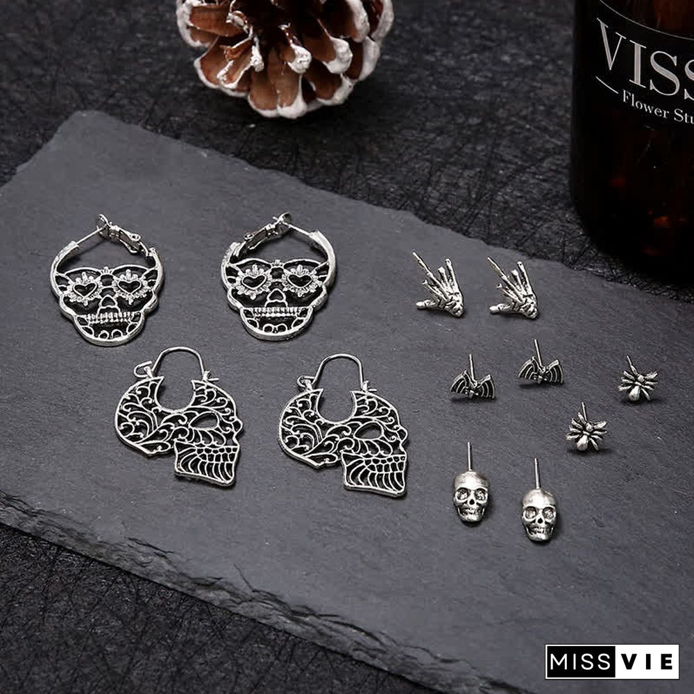 6 Pairs Skull Spider Bat Design Stud Earrings