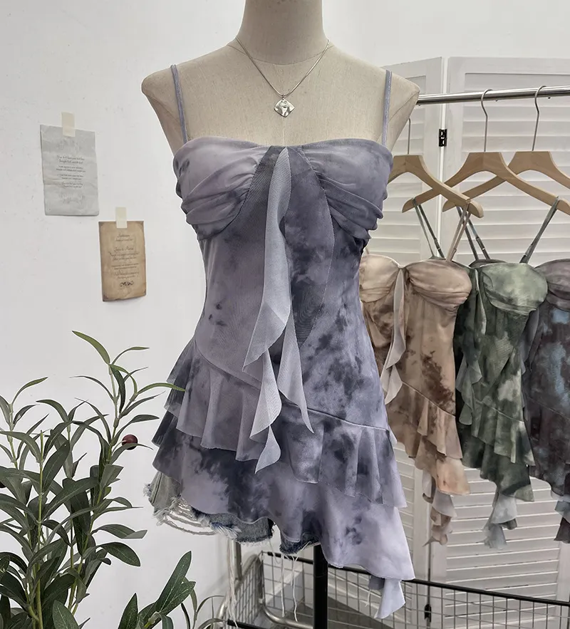 Churchf Real Shooting 2025 Spring And Summer New With Chest Cushions Dyed Mesh Sling Sling Vest Irregular Lotus Leaf Side Top 1139