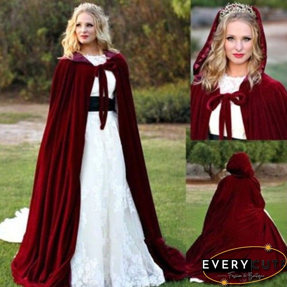 Adult Hooded Cloak Long Velvet Cape Robe Green Black Red Halloween Carnival Purim Coats Medieval Witch Wicca Vampire Costume