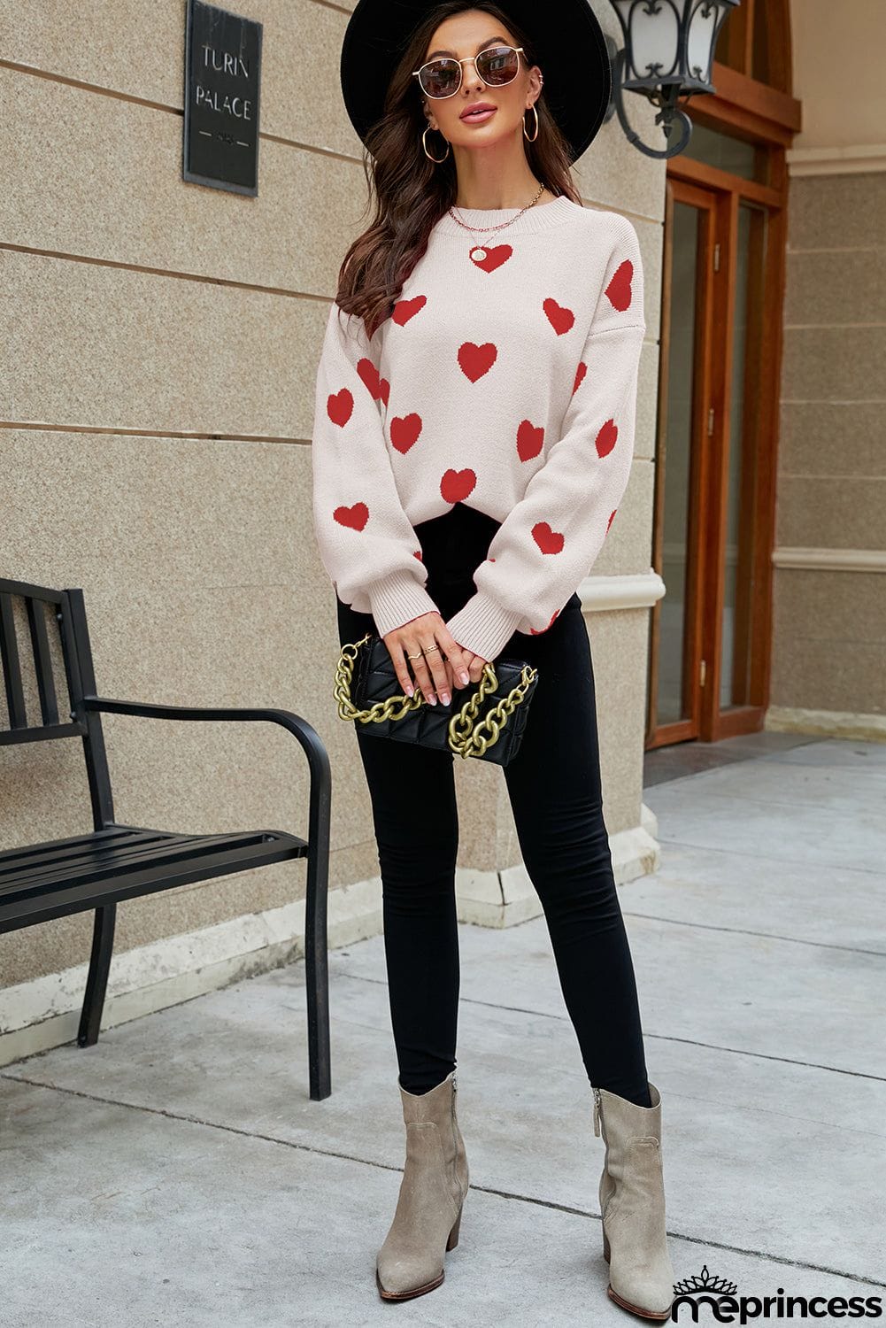 Heart Pattern Ribbed Trim Knit Sweater