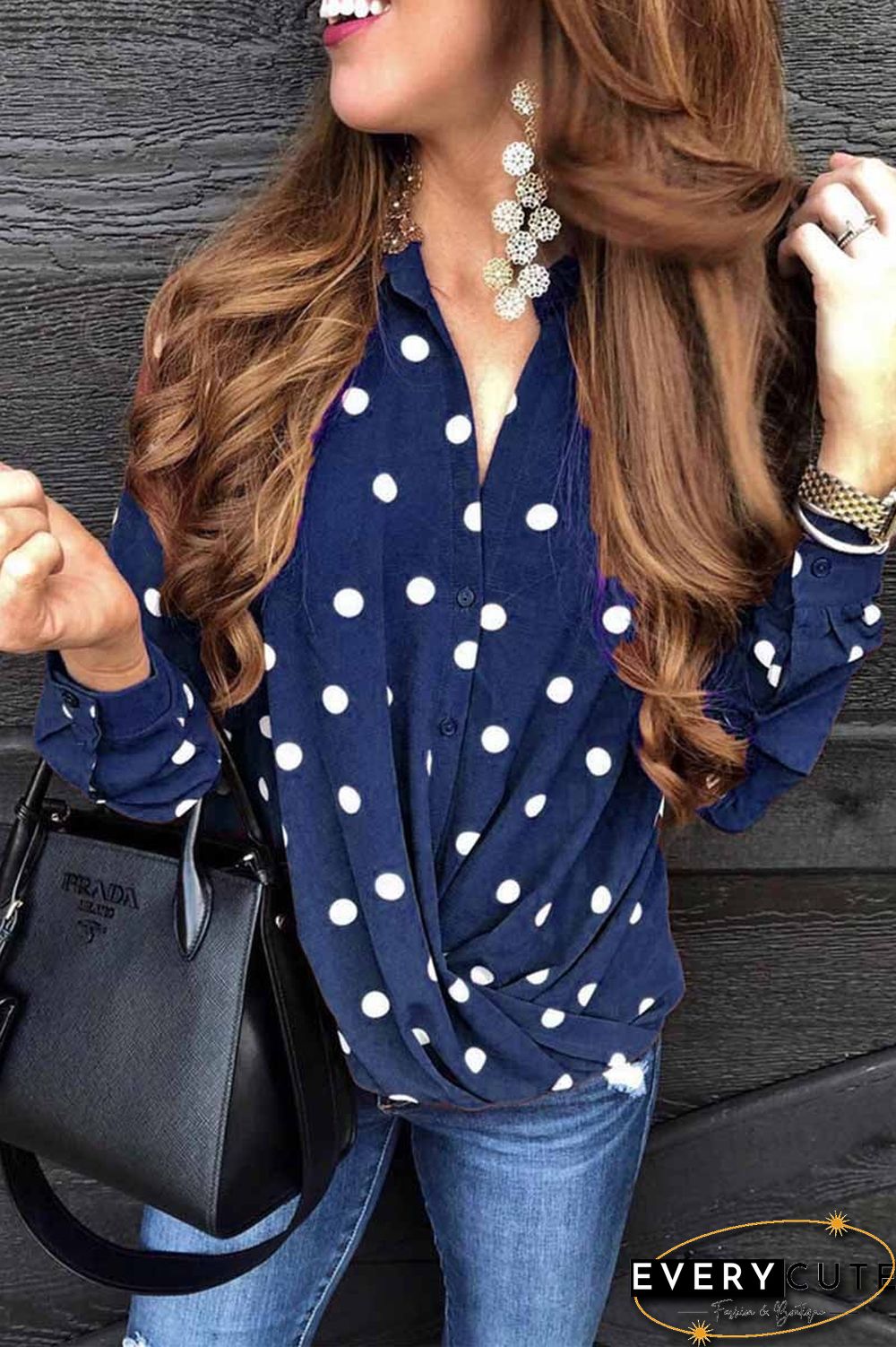 Fashion Polka Dot Suit Collar Button Shirt Tops(3 Colors)