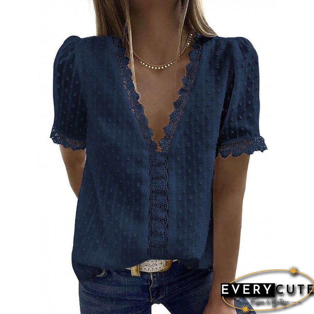 Navy Blue Lace Splicing V-Neck Chiffon Short Sleeve Top