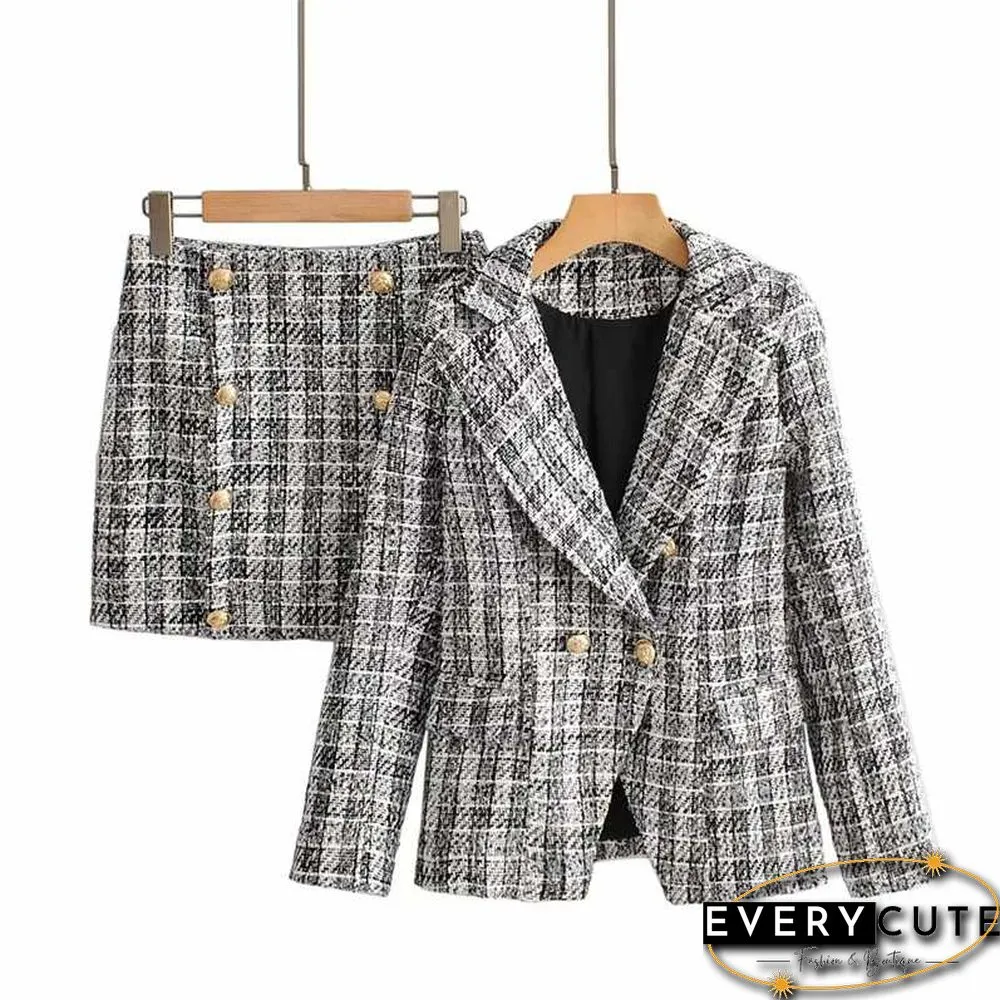 Confident Womens Tweed Blazer And Skirt Suits Plaid