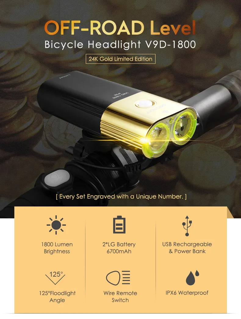 Gaciron V9D-1800 LED ライト 自転車用 V9D-1800 Gold Professional Bicycle Headlight &Power Bank