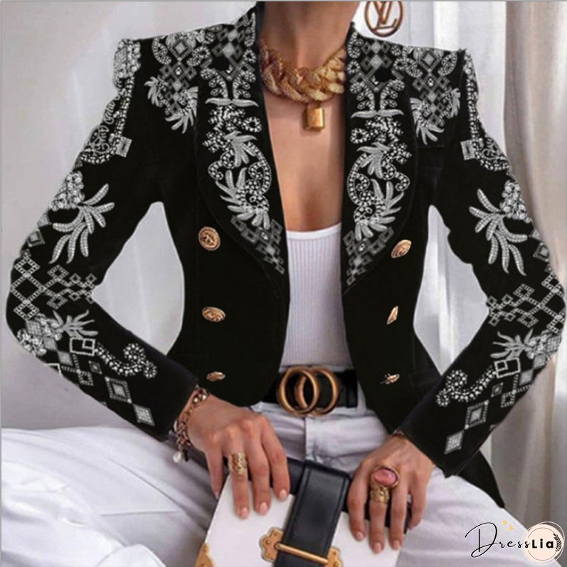 Fashion Print Casual Jacket Long Sleeve Elegant Lapel Blazers
