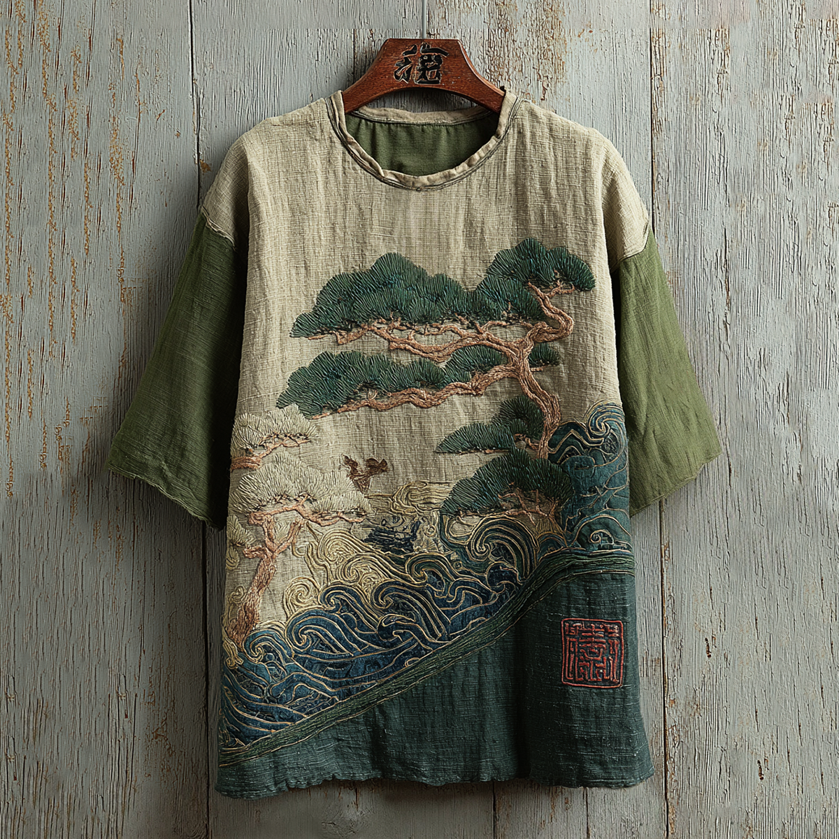 Japanese Ukiyoe Bamboo Art Embroidered Linen Shirt