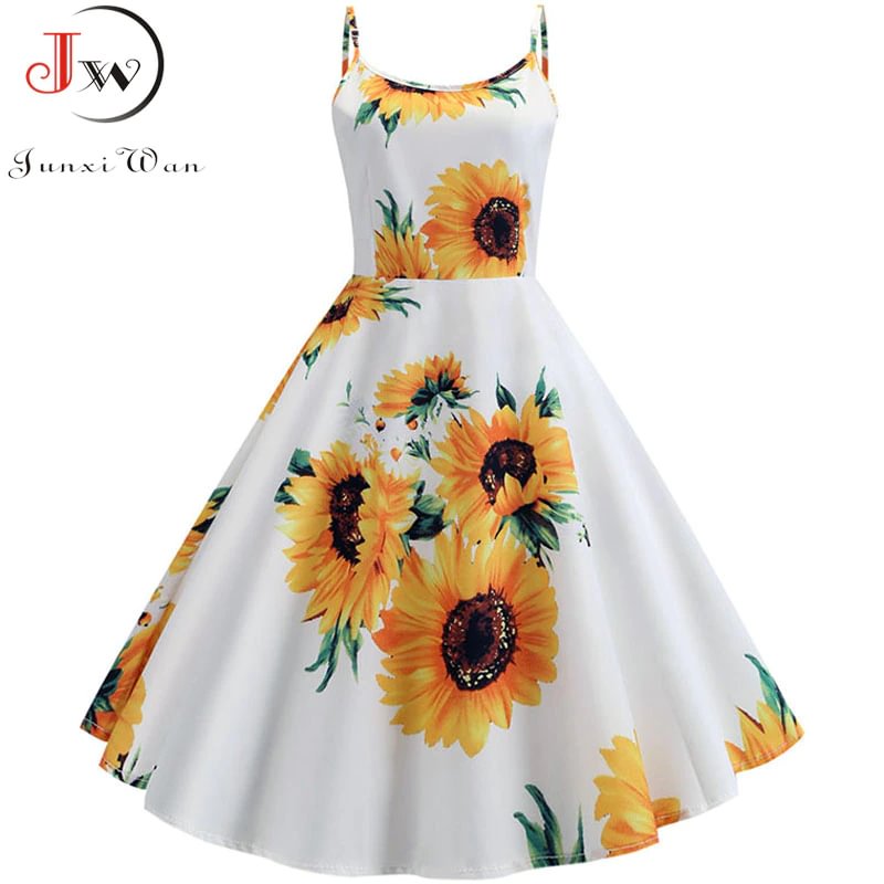 Churchf Sexy Spaghetti Strap Swing Vintage Rockabilly Dresses Floral Summer Beach Dress Women  White Boho Sunflower Midi Dresses-Outfit Ideas