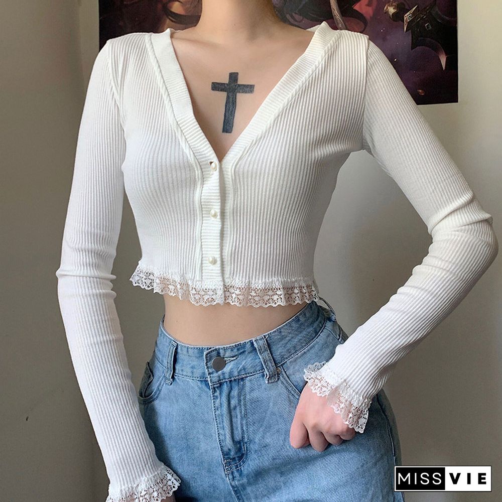 V-neck Long Sleeve Cardigan Lace Crop Top