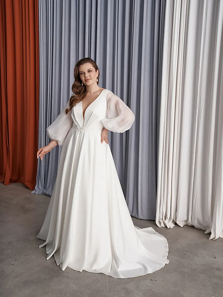 Women's Plus Size Wedding Dress Chiffon Double V-Neck Puff Sleeve Evening Dress