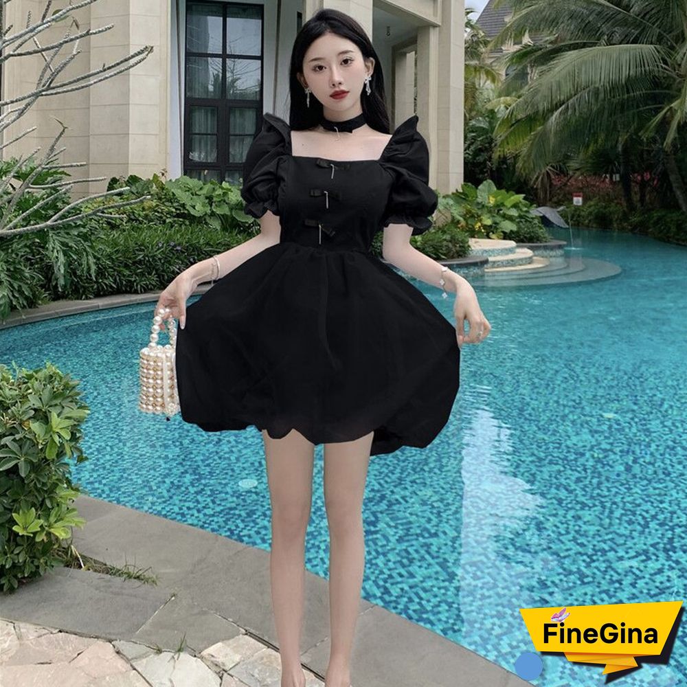Fashion Lolita Style White Dress Women Summer Japanese Puff Sleeve Elegant Vestidos Vintage Square Collar A-Line Mini Dress New