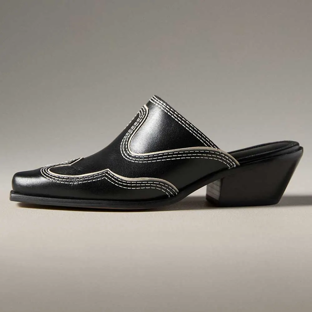 Black Round Toe Vegan Leather Chunky Heel Western Mules Shoes