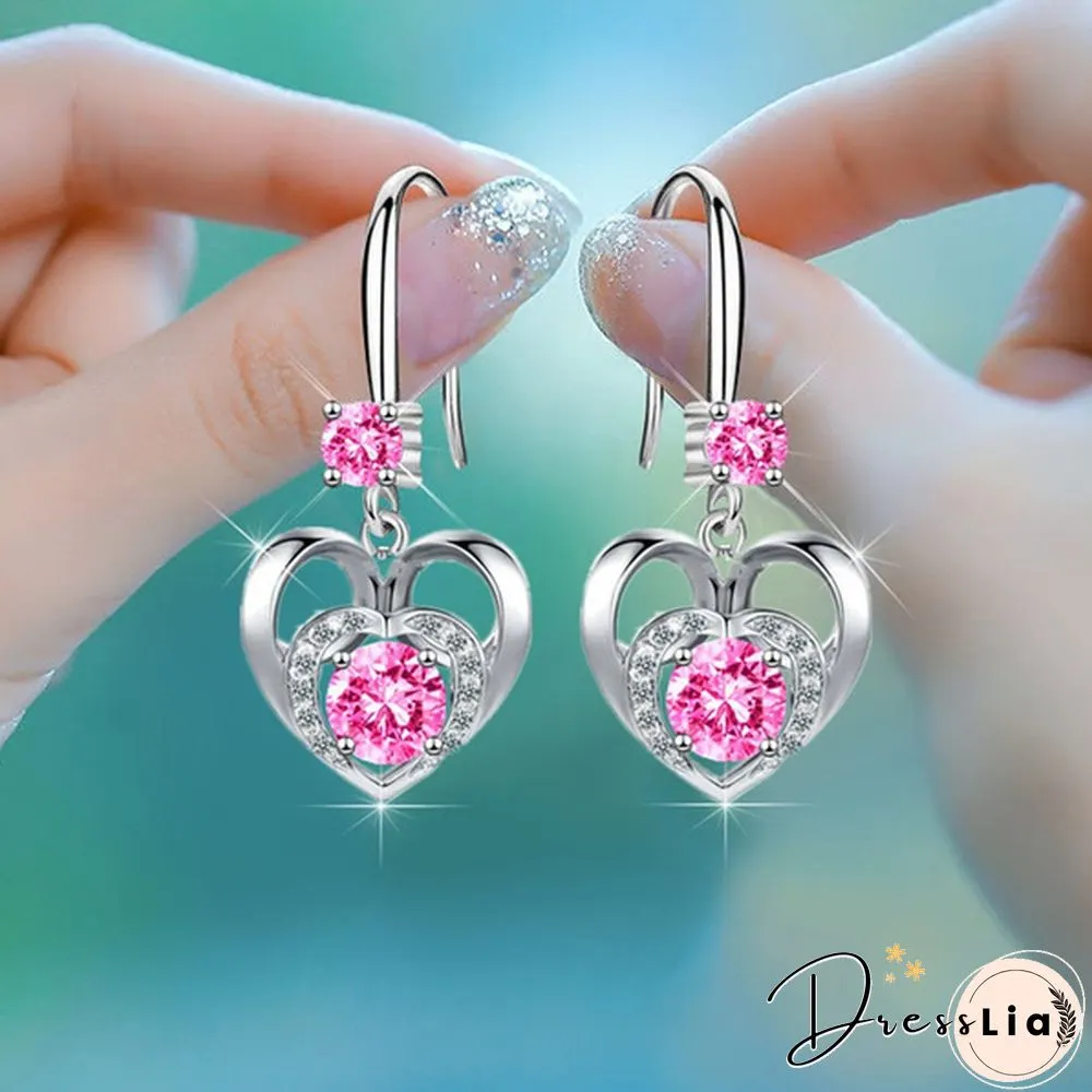 Sweet Love Heart Shaped Cubic Zirconia French Hook Earrings Women 925 Sterling Silver Gemstone Princess Earrings Wedding Earrings Christmas Anniversary Gift Banquet Jewelry