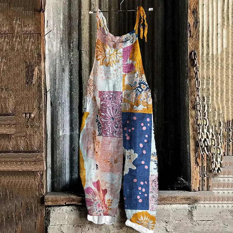 Women's Retro Geometric Floral Art Cotton And Linen Jumpsuit