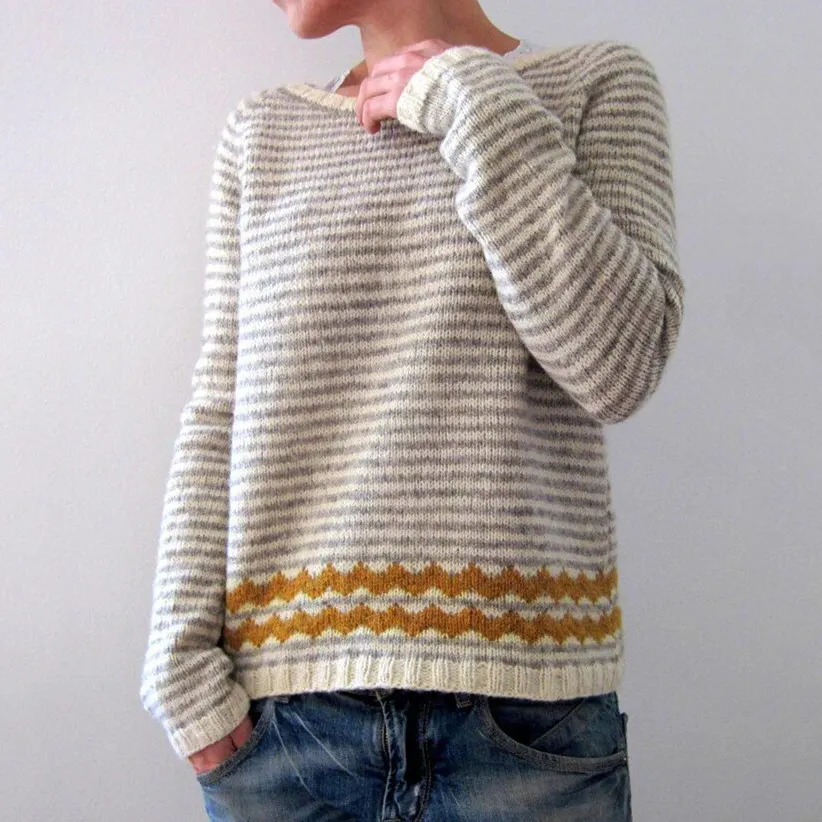 Vintage Striped Jacquard Crew Neck Color Block Loose Sweater