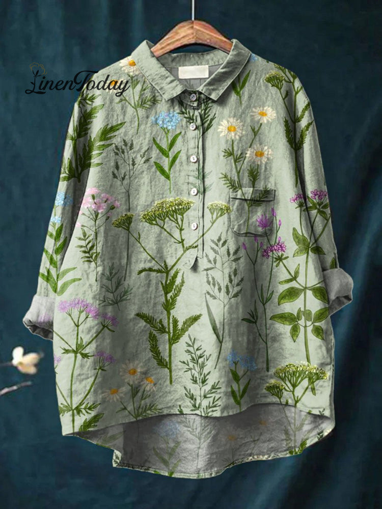 Women&rsquo;s Vintage Lovely Floral Art Print Casual Cotton And Linen Shirt Multicolor / S