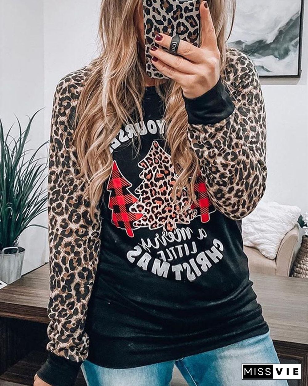 Christmas Leopard Print Long Sleeve Casual Sweatshirt