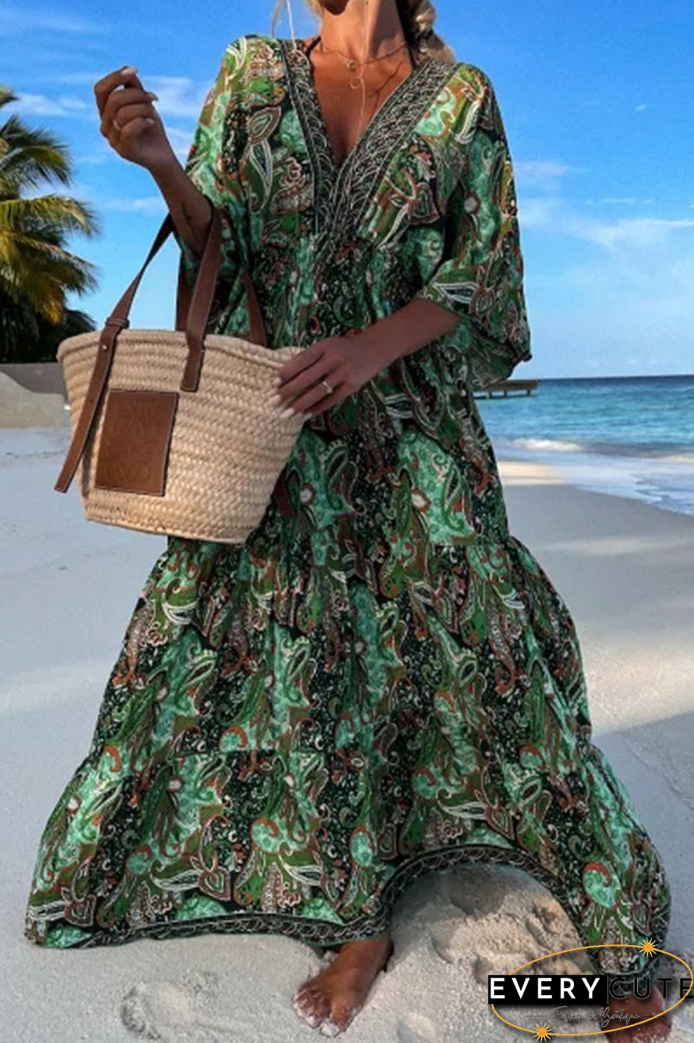 Fashion Print Printing V Neck Beach Dresses(3 Colors)