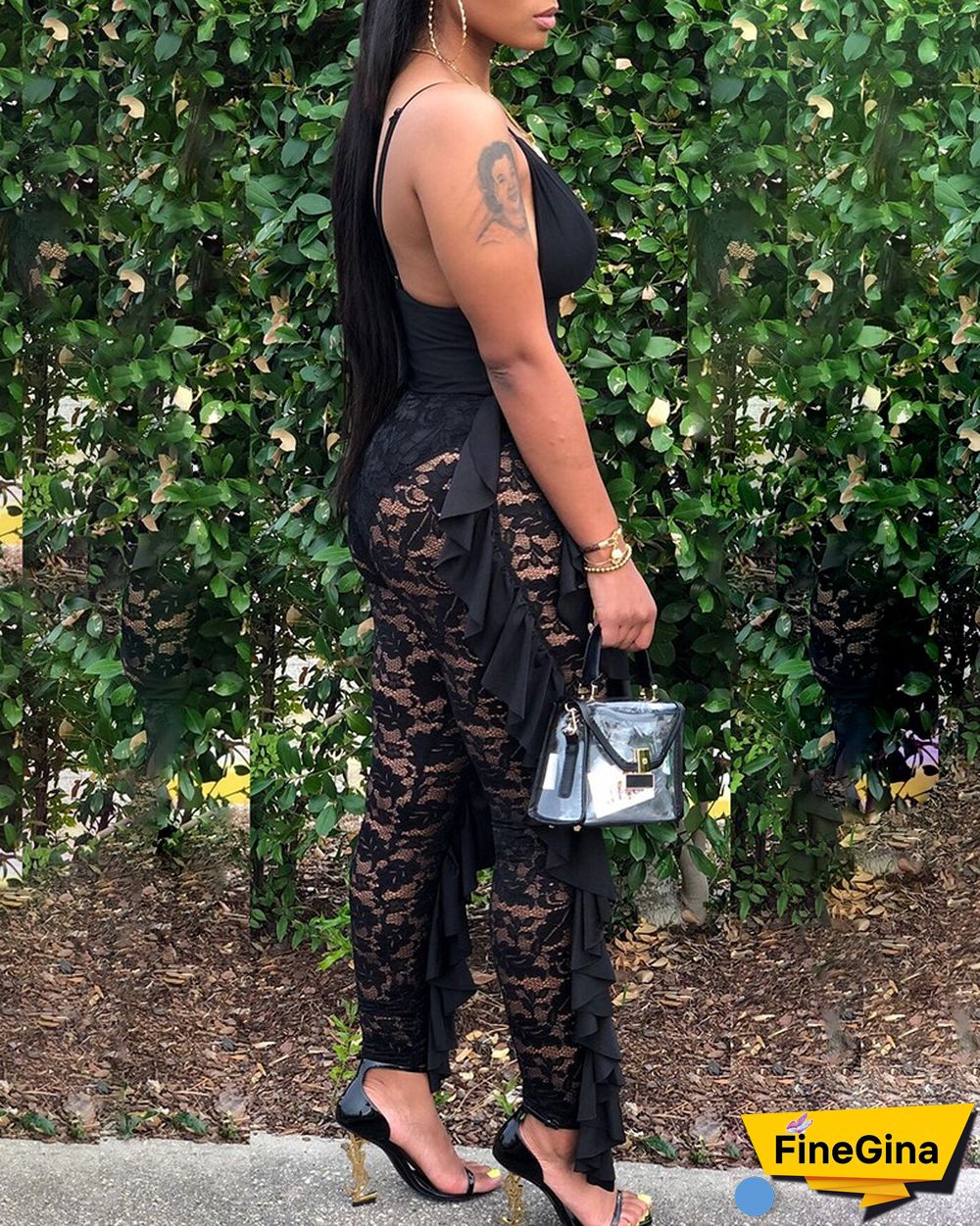 Plunge Ruffle Hem Crochet Lace Patch Jumpsuit