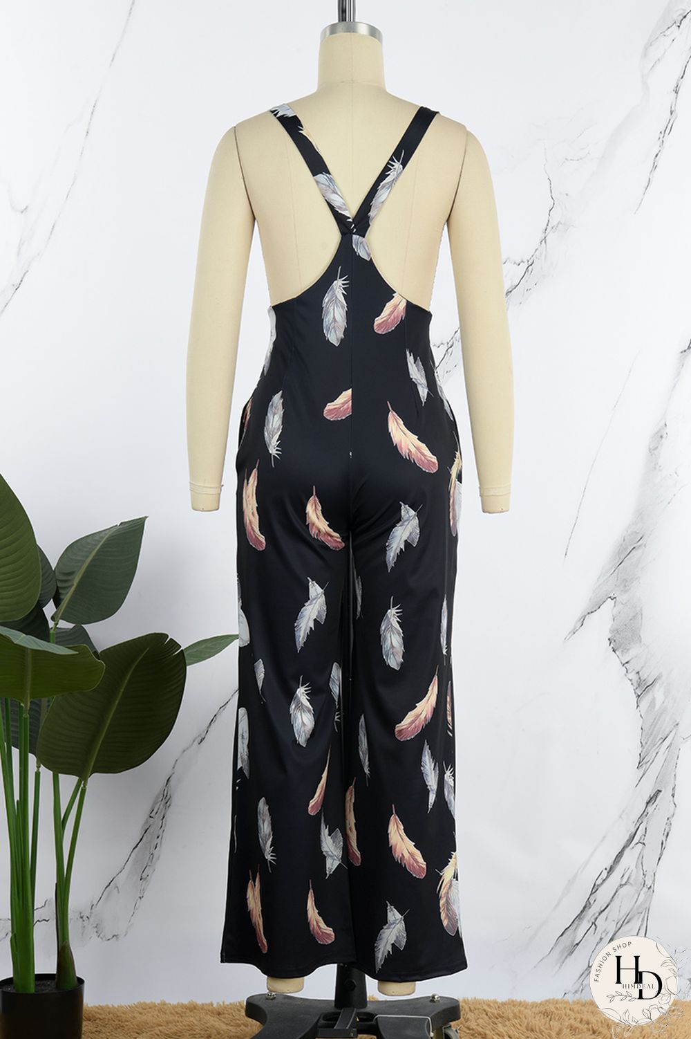 Blue Casual Print Patchwork Spaghetti Strap Regular Jumpsuits (Without Shirt)