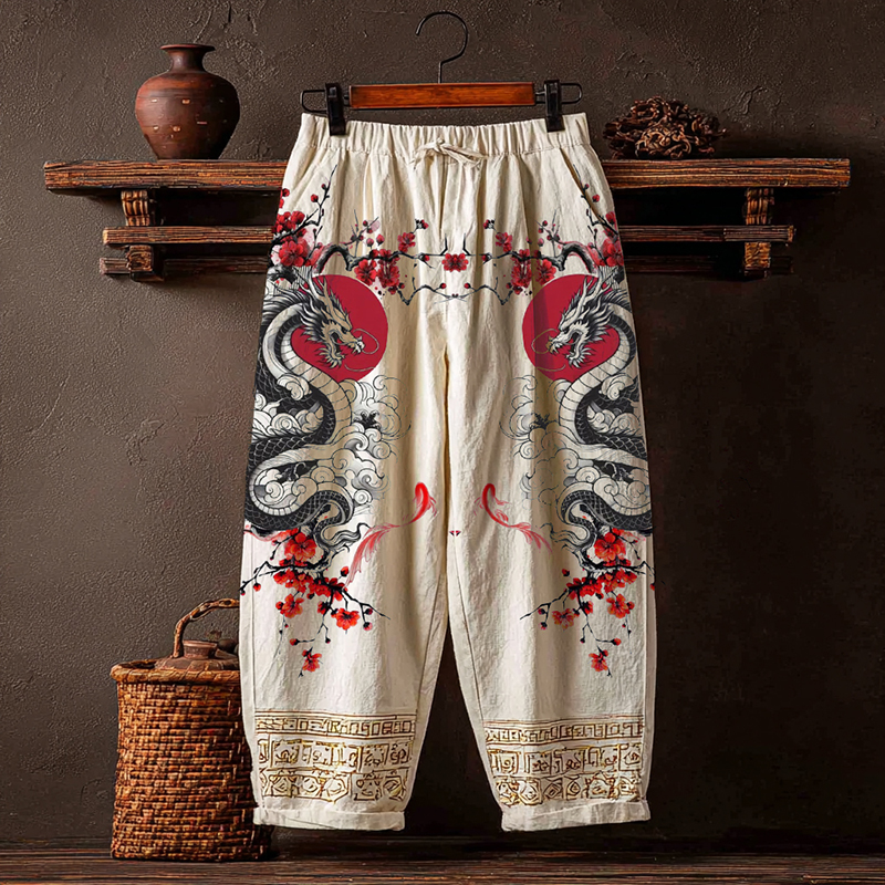 Japanese Art Dragon Plum Blossom Design Pants elevenforest