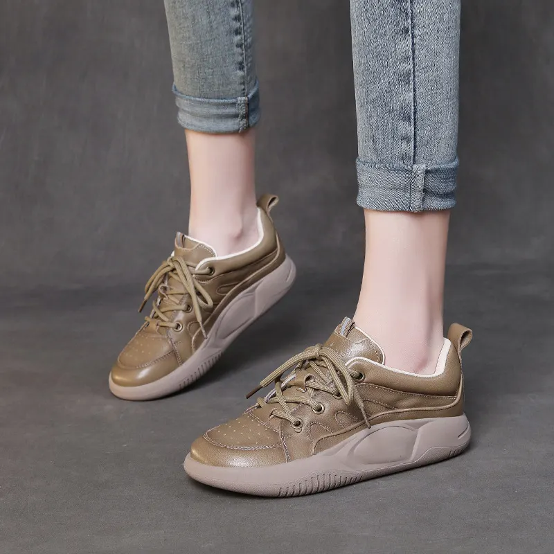 Yyvonne Layer Of Cowhite Casual Lace Handmade Women's Shoes New Leather Flat-Bottomed Sports Wind Soft Sole Shoes Wear Low Heel