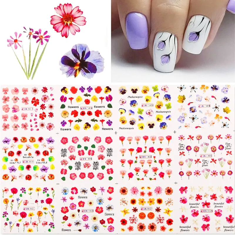 12Styles Harunouta Spring Summer Alphabet Flower Leaves Nail Water Decals Popular Geometric Lines Transfer Stickers Decoration