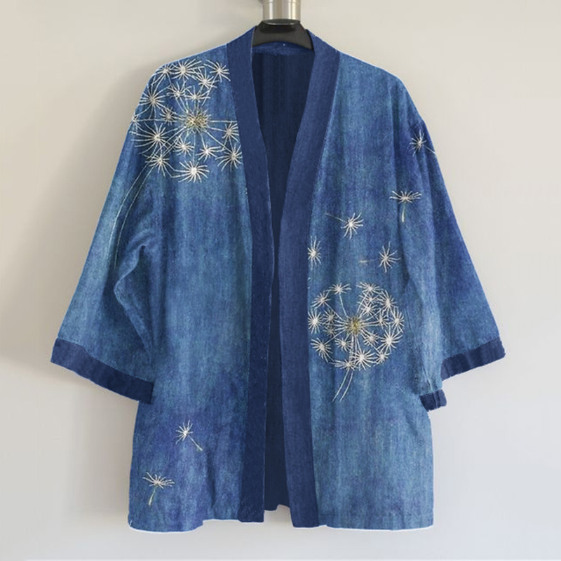 Japanese Traditional Sashiko Dandelion Art Pattern Art Print Linen Blend Kimono Cardigan artswardrobe