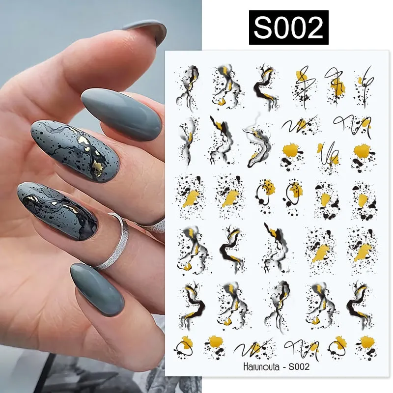 Harunouta Gold Flower Leaves Water Decals Slider Lines Geometrics Spring Summer Nail Art Transfer 3D Stickers DIY Watermarks-Nail Inspo