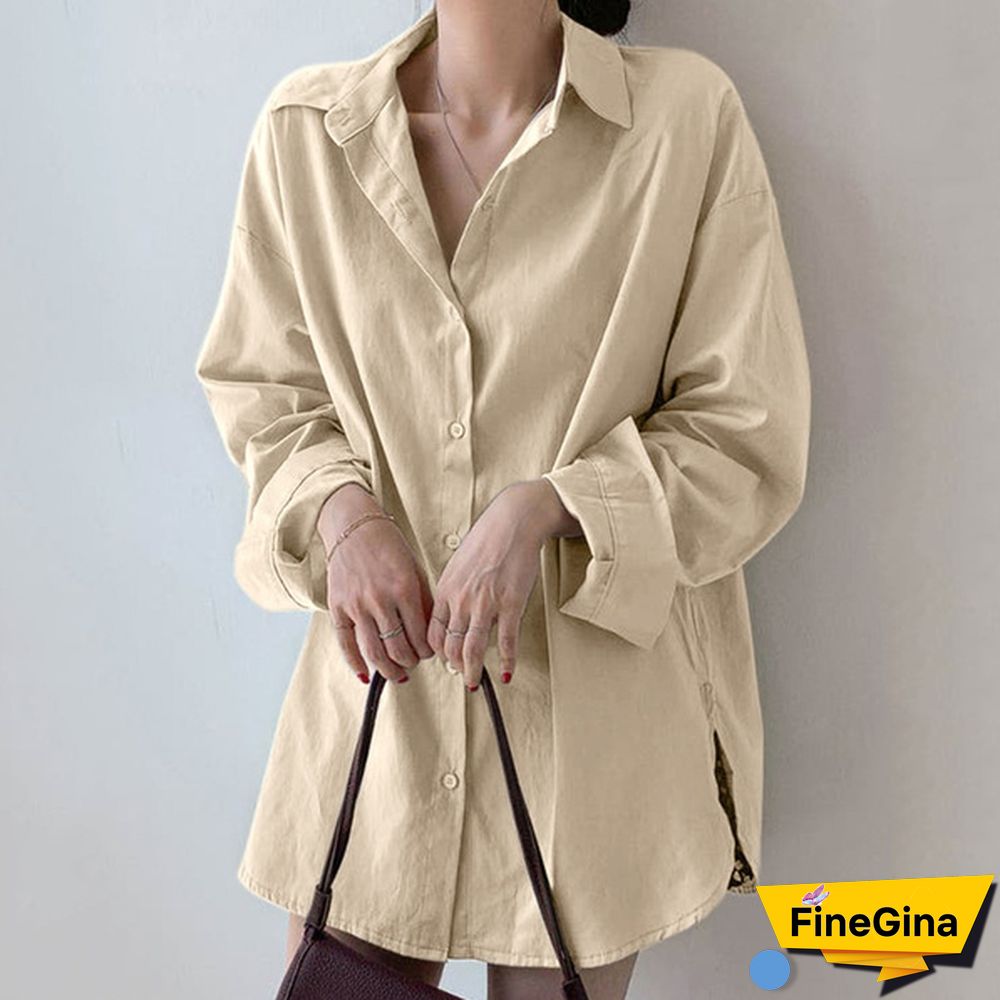 Women Drop Shoulder Long Sleeve Shirt Side Slit Oversized Shirt Casual Blouse
