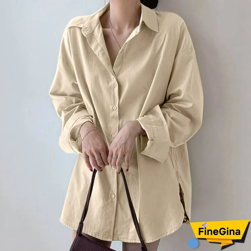 Women Drop Shoulder Long Sleeve Shirt Side Slit Oversized Shirt Casual Blouse