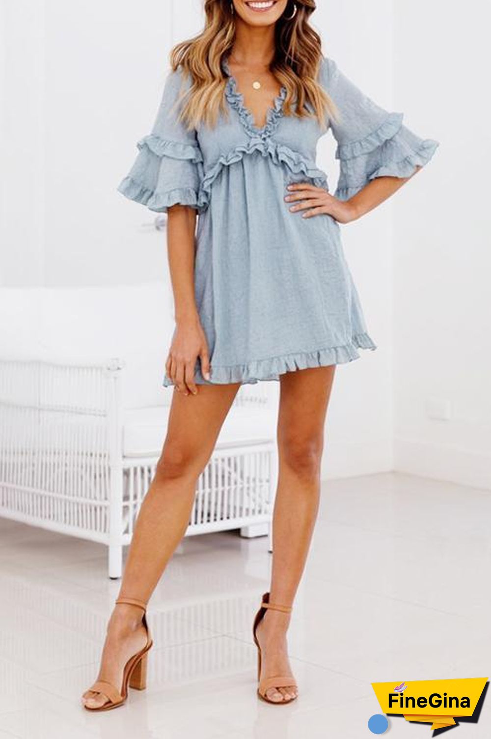 Ruffled Lace-up V-neck Dress
