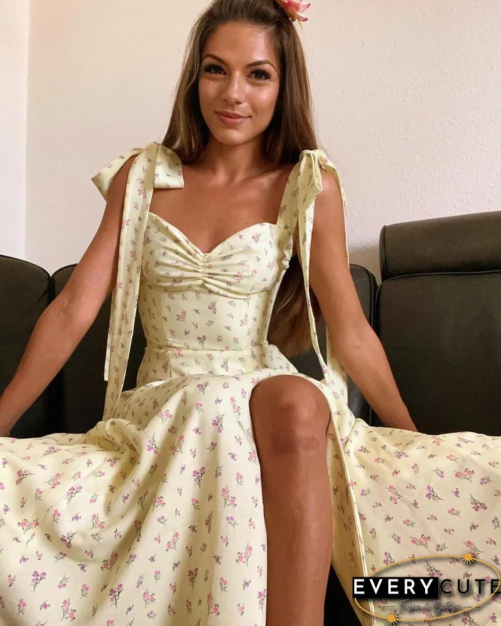 Floral Print Cottagecore Sleeveless Strap Midi Dresses Party Club Sexy Backless Elegant Split Dress Women Vestidos