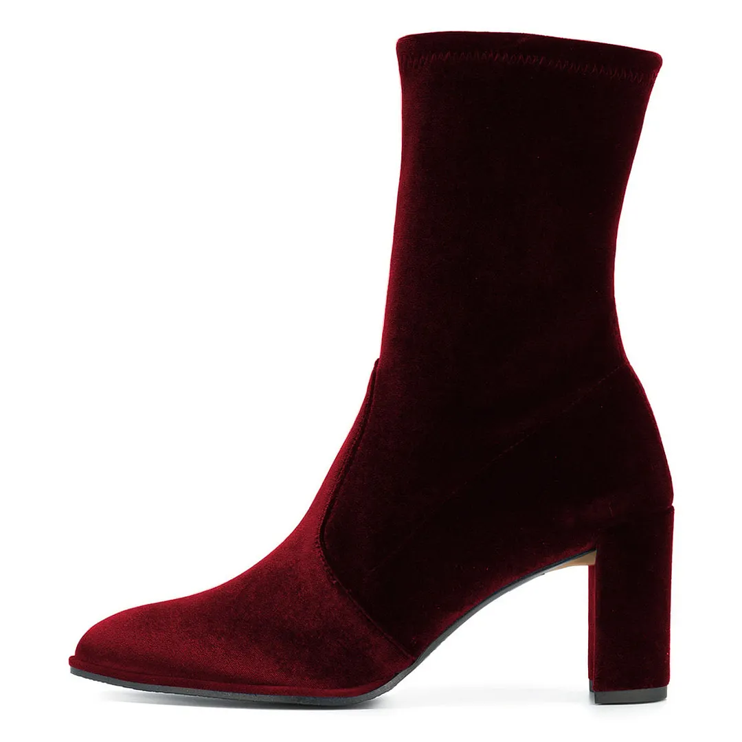 Chic Maroon Velvet Pointed Toe Chunky Heel Ankle Boots