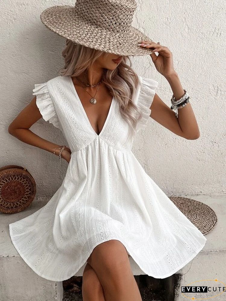 White V Neck Ruffles Open Back A-line Mini Dress