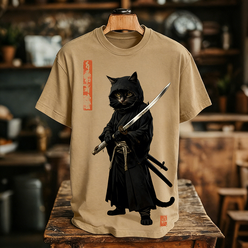 Men's Retro Japanese Samurai Cat Art Print T-shirt elevenforest