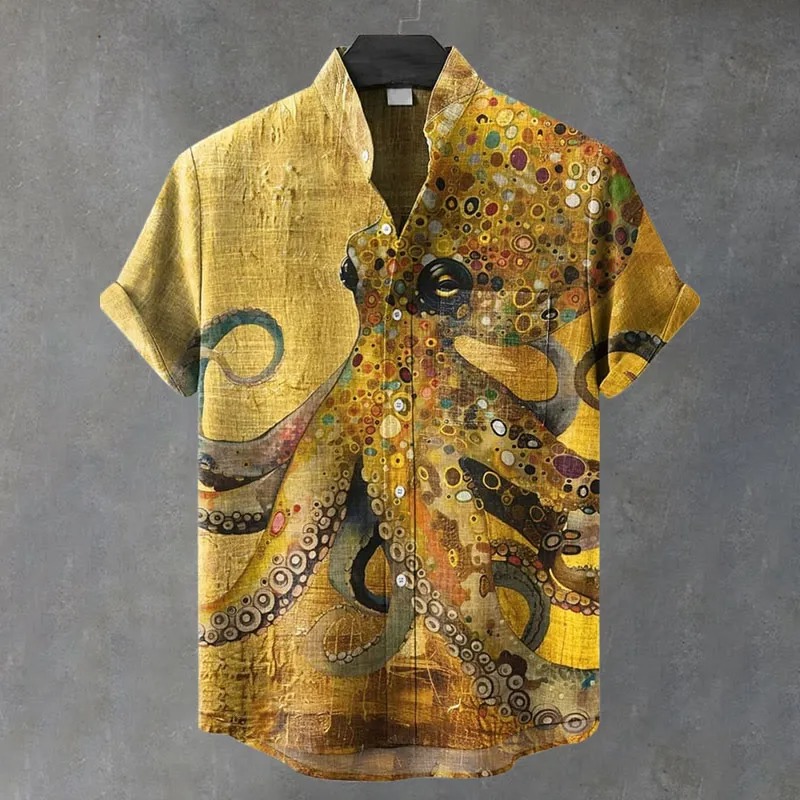Comstylish Vintage Octopus Oil Painting Art Print Casual Shirt