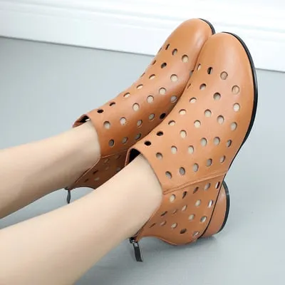 GKTINOO 2022 Summer Ankle Boots Genuine Leather Shoes Women Med High Heel Back Zipper Boots Cutout breathable Mujer Zapatos