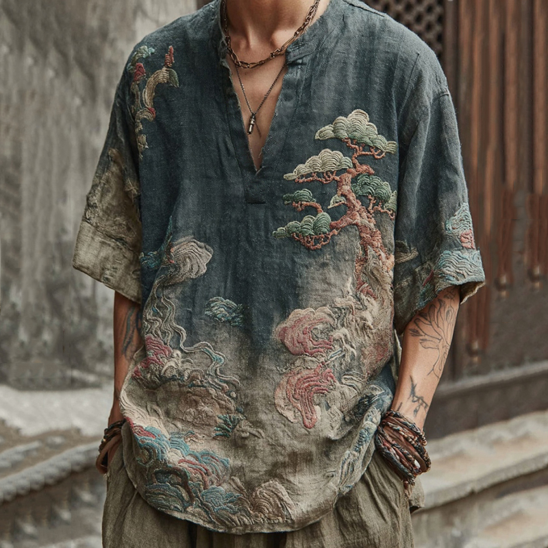 Men's Retro Pine And Cypress Embroidery Casual V Neck Short Sleeve Shirt
