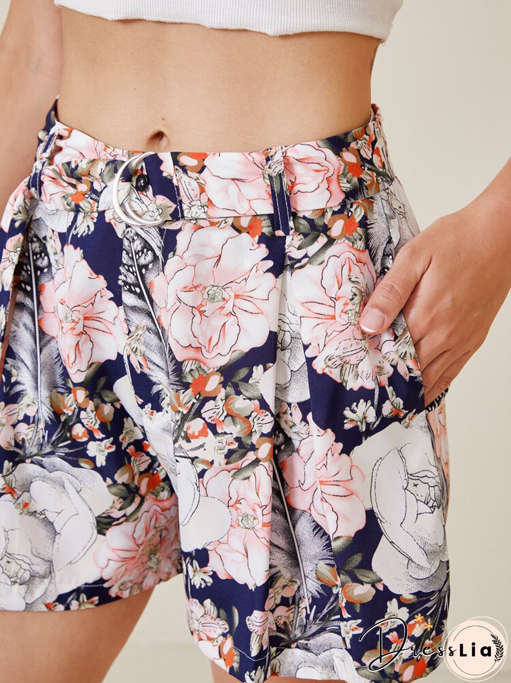 Flower Print Belt Pocket Wide Leg Shorts For Women