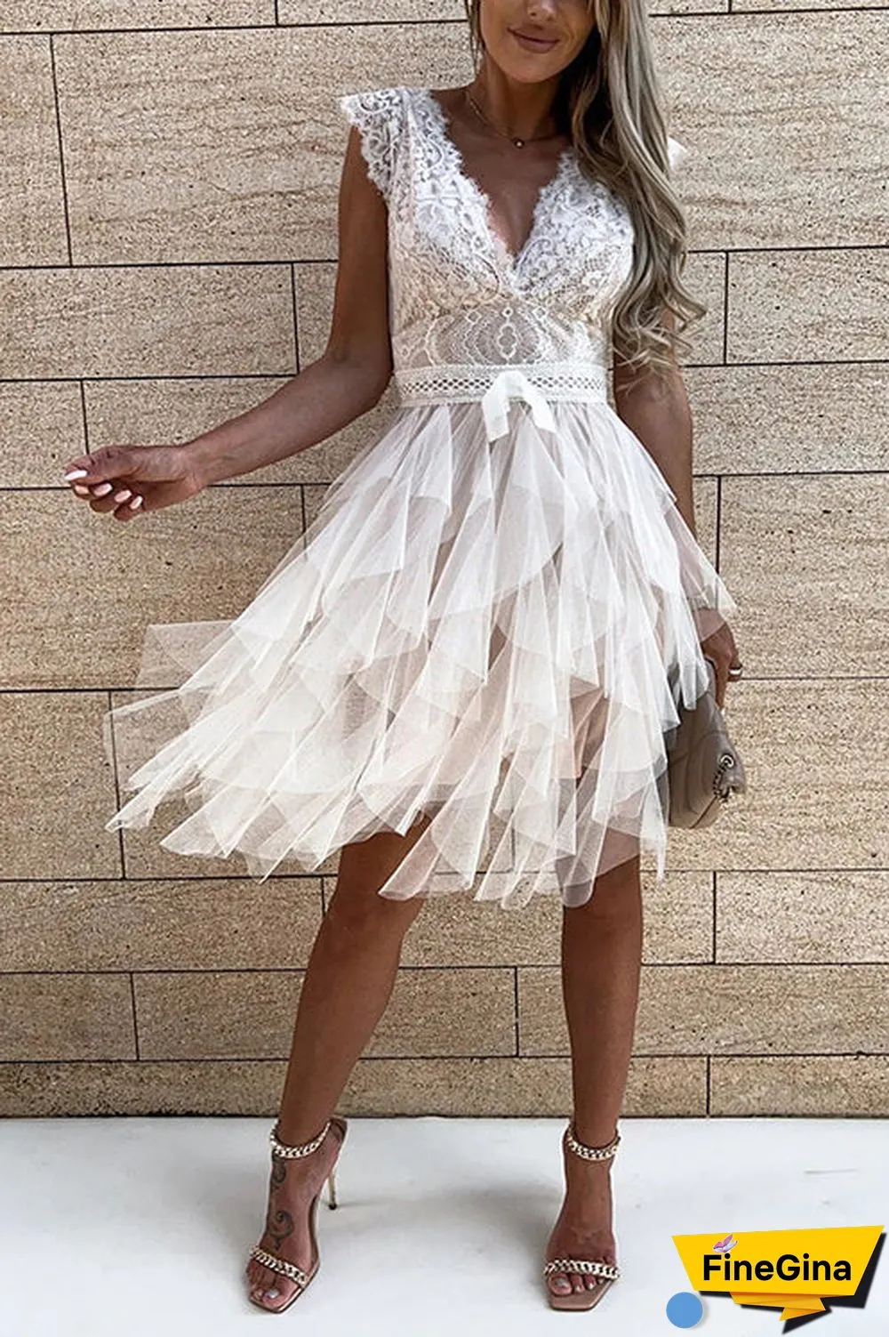 Lace Mesh V Neck Tank Cake Dress