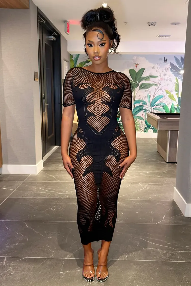 knee length dresses for ladies 1970s Black Fishnet Maxi Dress main image 0
