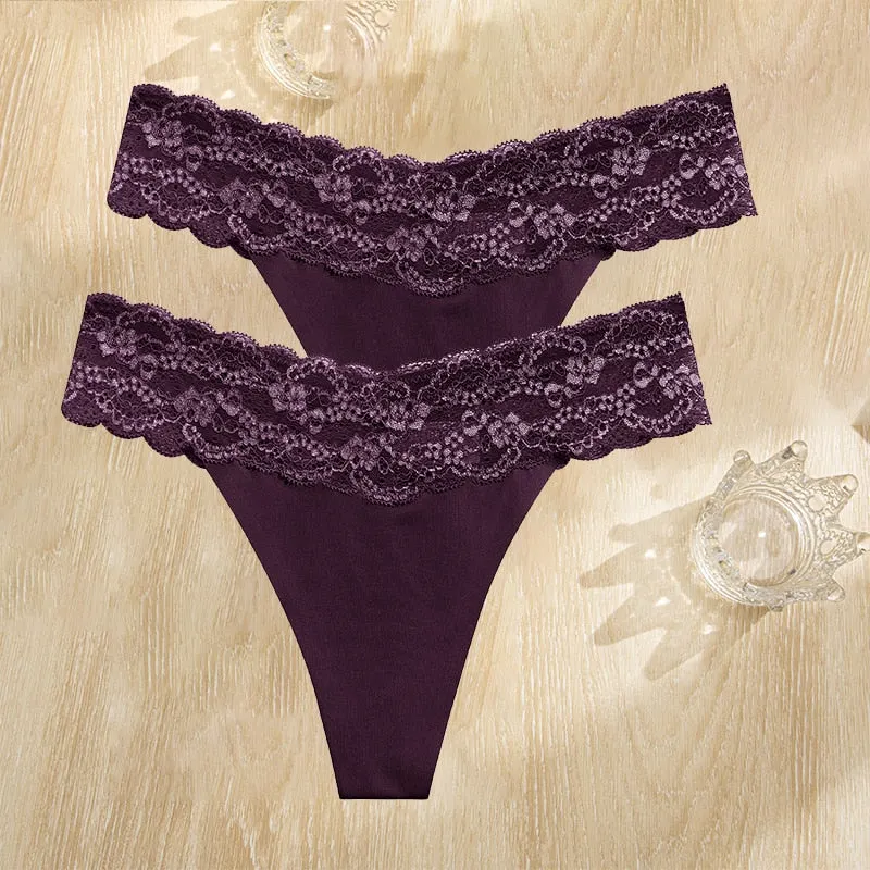 FINETOO 2PCS/Set Gstring Seamless Women Lace Pantys Girls Thongs S-L Fashion Sexy Underwear For Woman Lingerie Floral Panties