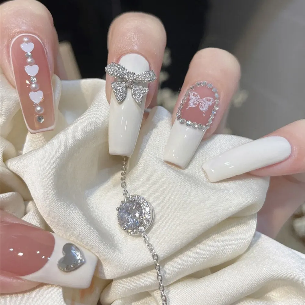 24PCS Press On Nails with Diamond Butterfly Design White Fake Nails Coffin Ballet False Nails Manicure Salon DIY  Full Finished-Nail Inspo