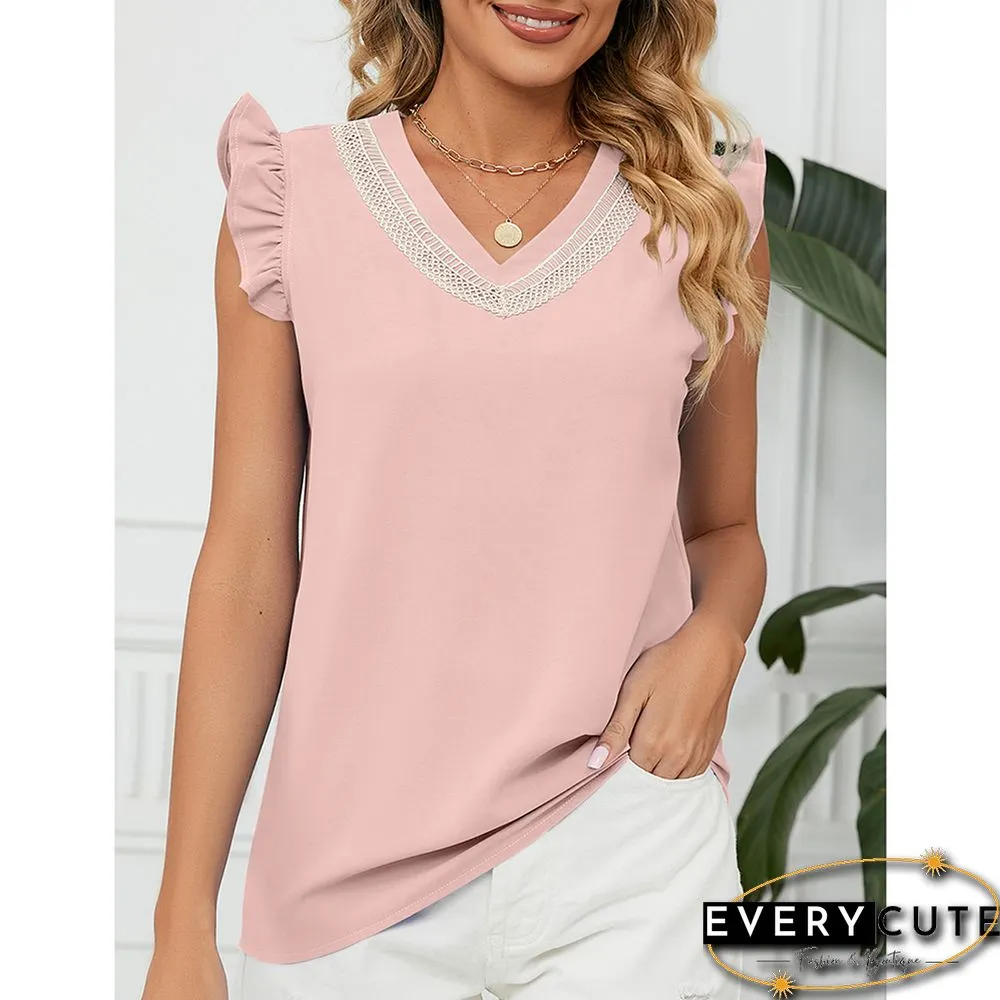 Pink Lace Trim Contrast Ruffle Short Sleeve Tops