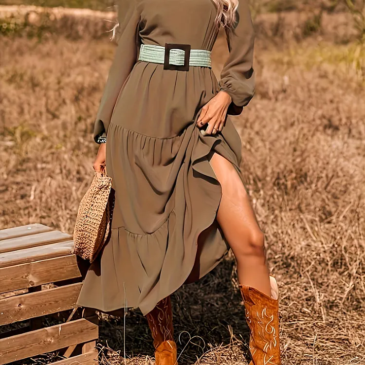Tiered Lantern Sleeve Dress, Elegant V Neck Solid Dress, Women's Clothing