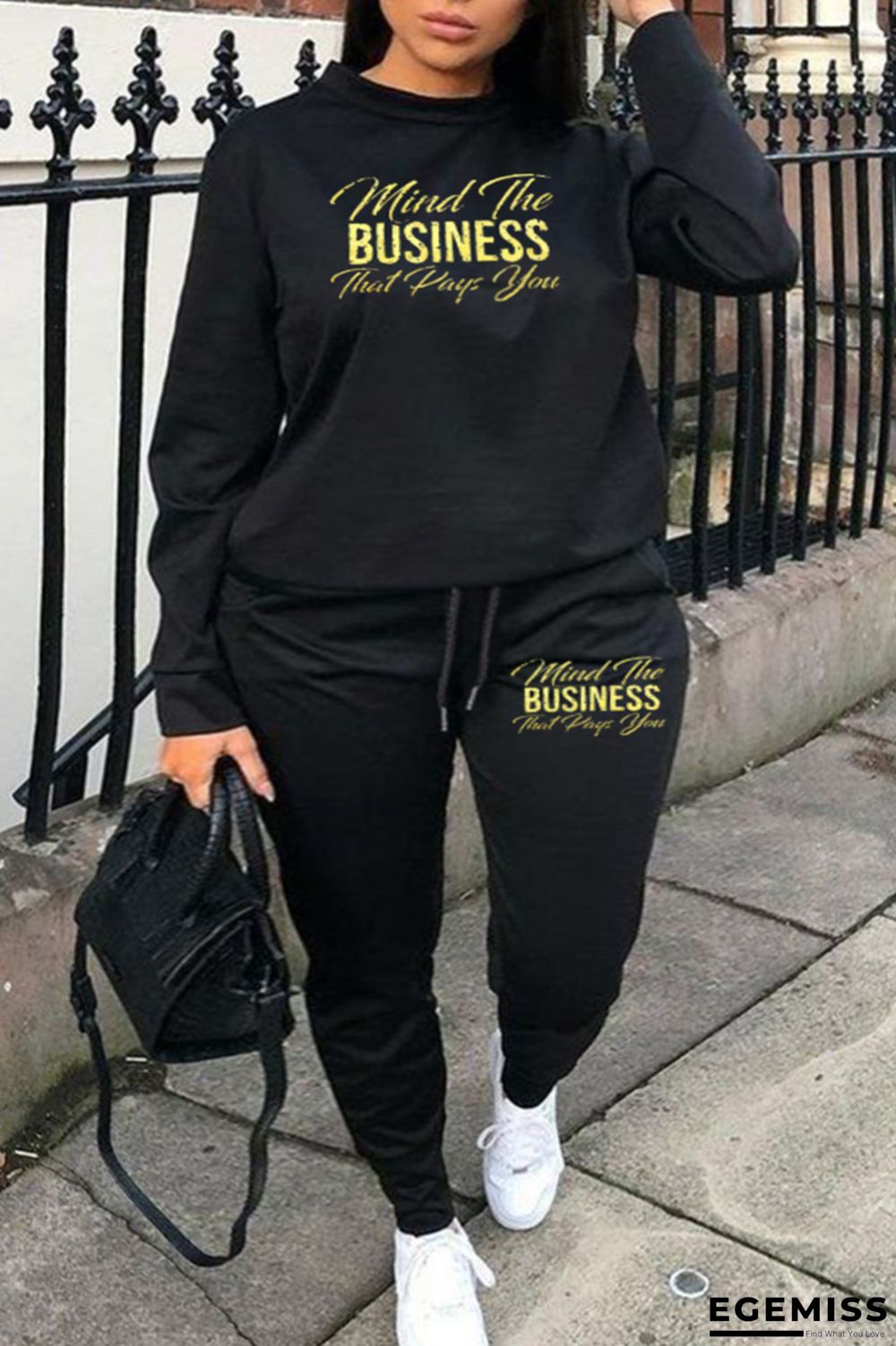 Black Fashion Casual Letter Print Patchwork O Neck Plus Size Two Pieces | EGEMISS